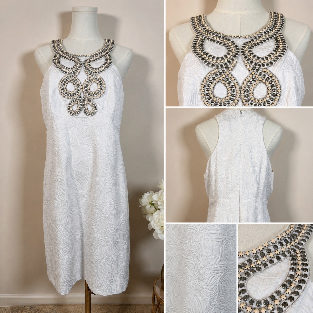 Laundry by Shelli Segal White Floral Jacquard Beaded Neckline Sheath Dress 12